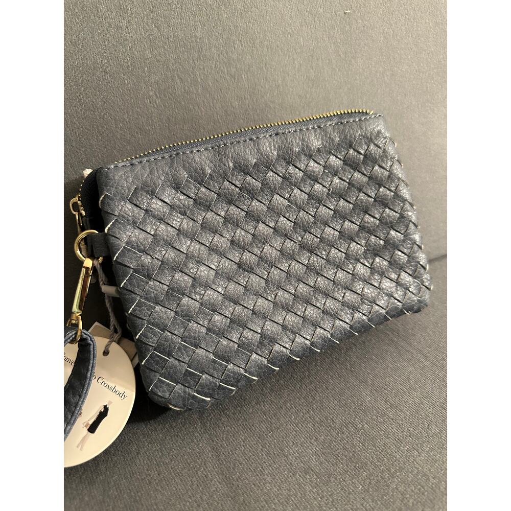 Vegan leather blue woven crossbody wristlet